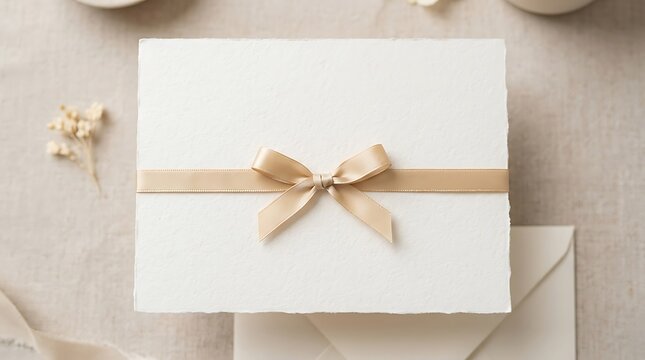 Elegant white gift box tied with a gold ribbon on a soft background