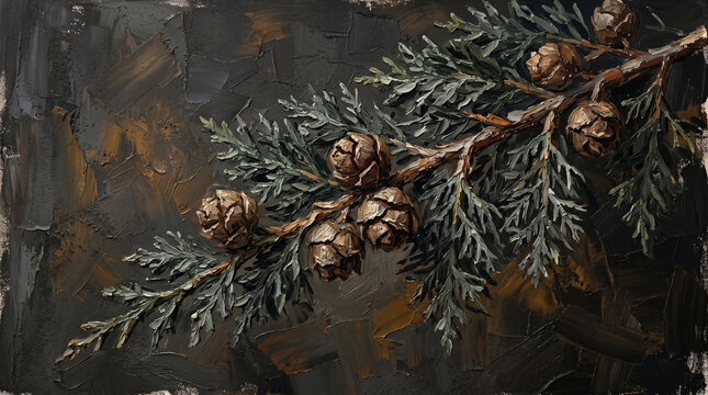 Detailed oil painting of a coniferous evergreen branch featuring textured pine cones on dark canvas