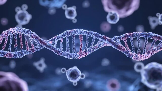 RNA strand slowly moving through a clean cellular environment surrounded by a few identical molecular particles