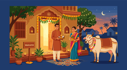 Fototapeta premium Traditional Indian Festival Celebration Evening Vector Illustration with Couple in Ethnic Wear, Decorated Cow, Diya Lamps, Rangoli, and Floral Garlands at a Village House Entrance.