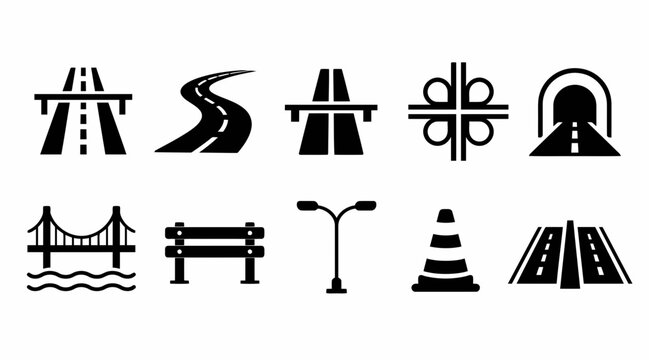Highway bridge and cloverleaf interchange flat icon set.