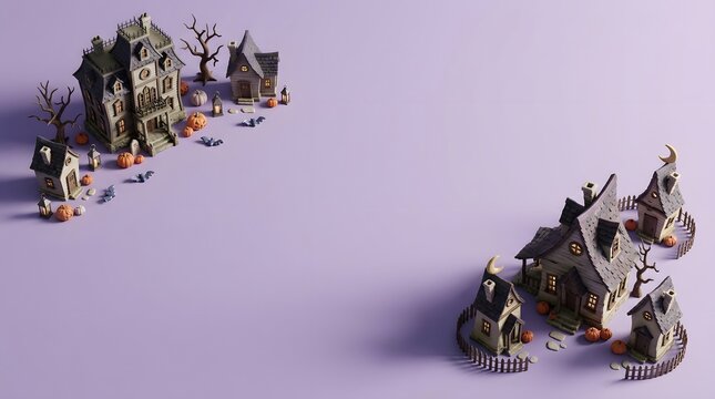 Miniature spooky halloween village houses arranged on a solid light purple background with copy space