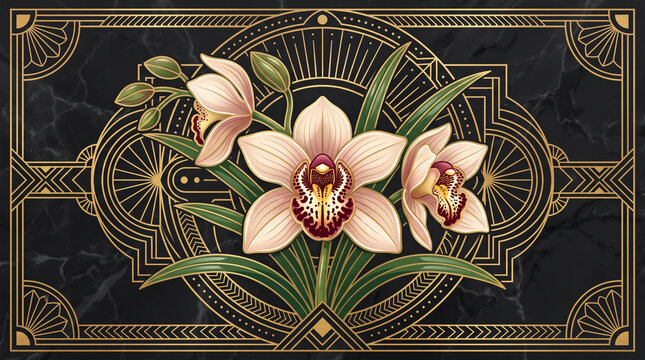 Elegant white orchid flowers centered within intricate gold art deco lines against dark marble stone background