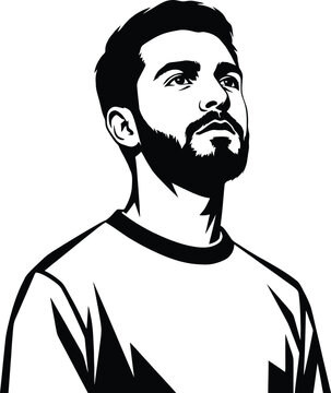 Bearded man portrait vector illustration showcases strong facial features in black and white.