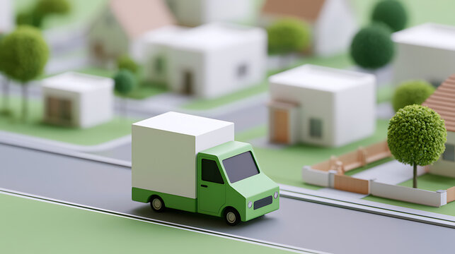 A miniature green delivery truck drives through a peaceful suburban neighborhood model diorama scene with small houses and trees