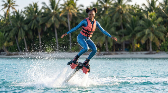 Woman Riding Water Jet Board Above Tropical Lagoon