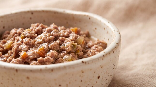 Wet food close up in ceramic bowl, showing moist texture and visible vegetable pieces, suitable for pet meal, healthy nutrition, appetizing and fresh, on neutral fabric background