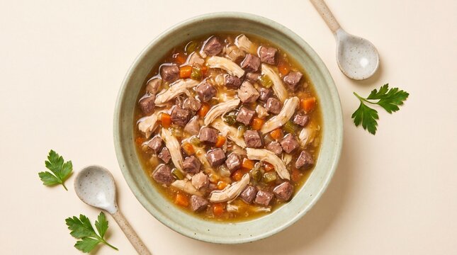 Hearty wet food with beef chunks, shredded chicken, carrot, and parsley in savory gravy, served in ceramic bowl with spoons, perfect for pet meal inspiration