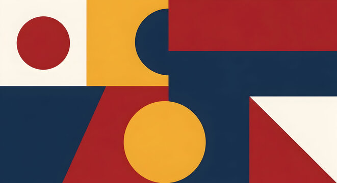 Abstract geometric composition with bold primary colors and shapes arranged in a modern minimalist grid pattern style