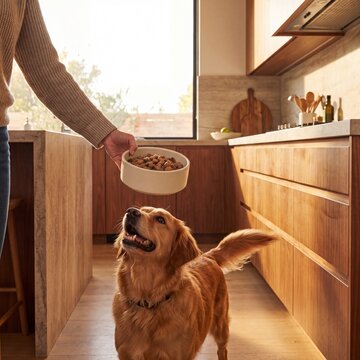 Golden retriever eagerly waits in modern kitchen as person prepares to serve wet dog food in ceramic bowl, sunlight streaming through window creates warm, happy atmosphere