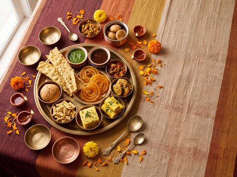 Gujarati Navratri thali arrangement with fafda, jalebi and festive diyas for seasonal food advertising and cultural editorial design