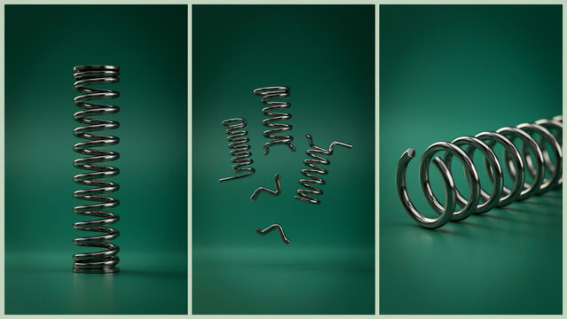 Three views of industrial metal coil springs on a dark green background surface