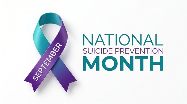 A teal and purple ribbon symbol for national suicide prevention month on a white background with word september alongside purple awareness understanding