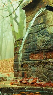 A Mountain Fountain Flows Pure, Clear Water on a Foggy Autumn Day