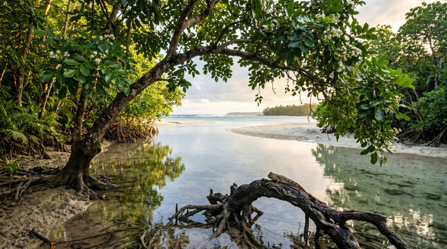 Mudskipper resting on wooden branch near tranquil tropical mangrove swamp during warm golden hour sunset light