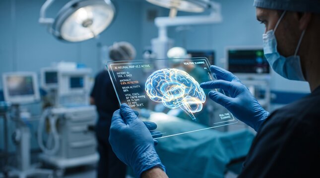 Surgeon Analyzing Detailed Holographic Brain Data on Transparent Tablet in Advanced Operating Room Environment