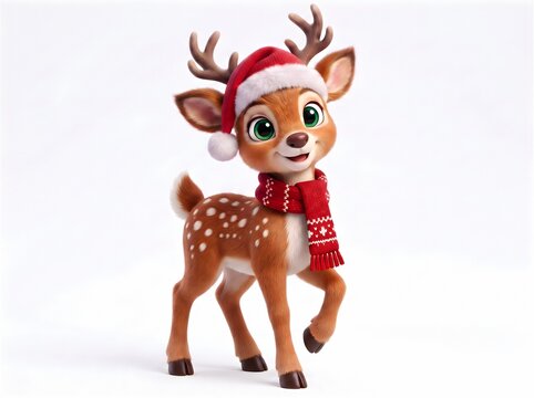 Cute Reindeer with red Santa hat, isolated

