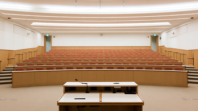 Modern empty university lecture hall with wooden tiered desk rows, large auditorium stage with speaker podium, bright interior architecture