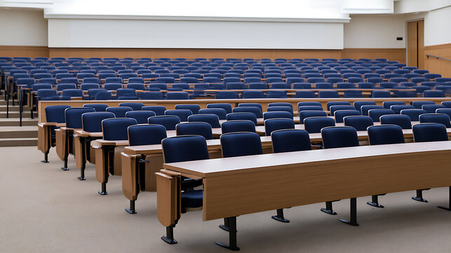 Large empty university lecture hall with rows of blue chairs and wooden desks inside modern college building for academic education design