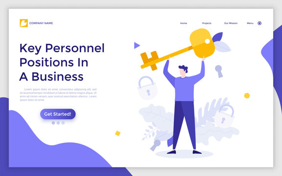 Landing page template with man holding golden key. Concept of key person, specialist or manager, leader with important skill, successful entrepreneur. Modern flat vector illustration for website.