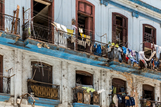 Old Balconies with Clotheslines on Historic Havana Building