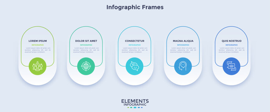 Modern infographic template with five vertical frames and circular icon. Business presentation diagram with placeholder text for workflow timeline and data visualization concept