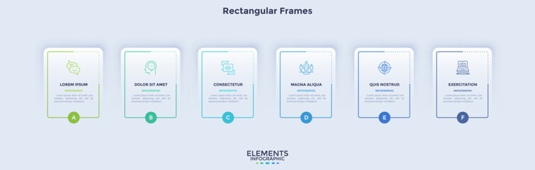 Obraz premium Six rectangular frame infographic template with line icon and placeholder text. Modern vector business presentation diagram for workflow step timeline and data analysis