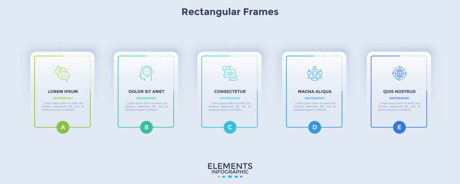 Five rectangular frames infographic template with icons labeled A to E. Modern business presentation slide for workflow and five step process diagram visualization concept element.