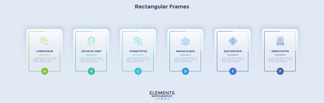Six rectangular frame infographic template with line icon and placeholder text. Modern vector business presentation diagram for workflow step timeline and data analysis