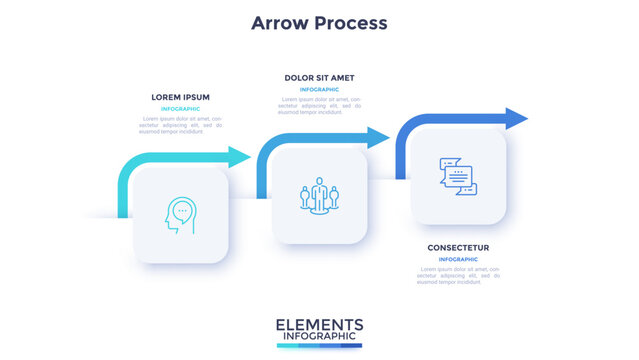 Modern infographic template with connected business process arrows, presentation layout, data visualization elements, and editable text space for corporate strategy communication