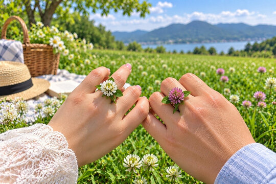 Romantic couple hands with handmade flower rings in beautiful seasonal settings
