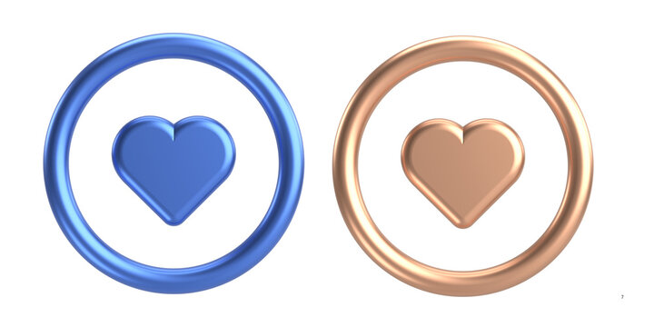 Metallic 3D heart icons in blue and rose gold, glossy social media like symbols, modern romantic UI elements for app design