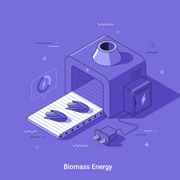 Biomass energy production from corn using industrial machine. Isometric vector illustration of biofuel manufacturing process. Sustainable power generation technology and renewable fuel concept.