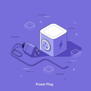 Electrical power plug with cube adapter. Isometric vector illustration showing household electricity connection. Modern energy outlet and charging concept for smart home technology device.