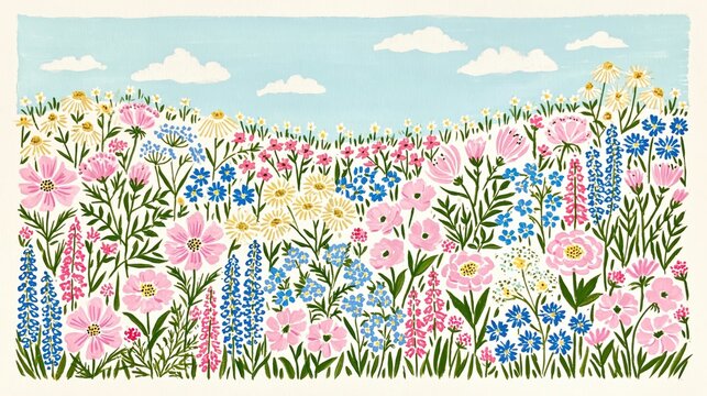  oil painting meadow landscape of  cute wildflowers 
