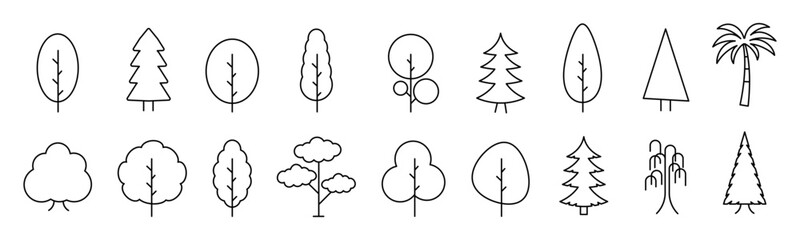 Obraz premium Tree icon collection. Wood with leaf in thin line style. Nature graphic element. Eco symbols isolated on white background. Vector illustration. 