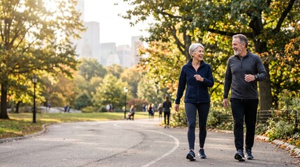 Obraz premium Active senior couple taking a brisk morning walk together in an urban park, healthy aging, fitness, companionship and longevity lifestyle concept