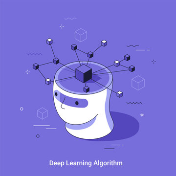 Artificial intelligence head with data connection network. Deep learning algorithm and neural network processing. Isometric vector illustration of machine thinking and modern technology.