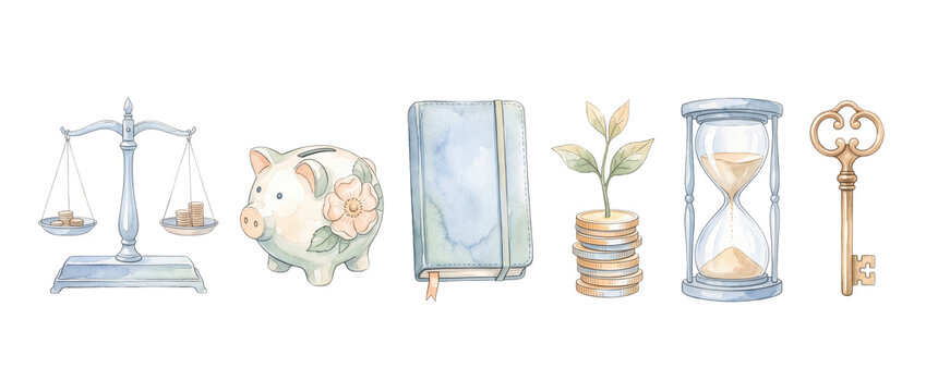 Financial planning investment icons set featuring watercolor piggy bank balance scale coin plant notebook hourglass and vintage key for business wealth growth concept illustrations clip art