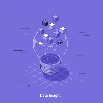 Light bulb with floating cubes representing data insight. Isometric vector illustration of business analytics, information processing and innovative idea development for tech startup.