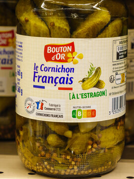 Bouton d'Or product in jar. Cornichons francais, french pickled cucumbers with tarragon