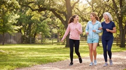 Fototapeta premium Three generations of a family exercising together in a sunny park, multigenerational wellness, active aging, family fitness and healthy lifestyle