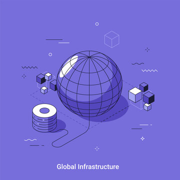 Global protection concept with shielded globe and secure office building. International cybersecurity, data privacy, business security, and risk management illustration with copy space.