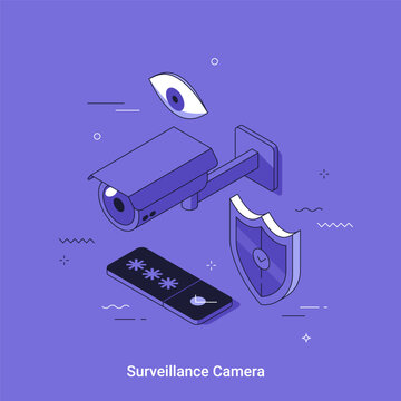 Surveillance camera monitoring concept with security camera, recording system, control interface and data protection symbols in isometric vector illustration
