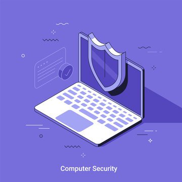 Computer security concept with laptop, shield, padlock and protective barrier symbolizing digital data protection, cybersecurity, privacy and secure technology infrastructure