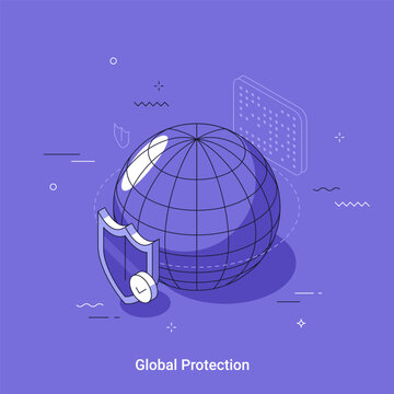 Global protection concept with shielded globe and secure office building. International cybersecurity, data privacy, business security, and risk management illustration with copy space.