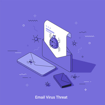 Email virus threat concept with computer monitor, malicious insect, warning symbols, and digital security illustration. Cybersecurity awareness metaphor for phishing, malware, and data protection.