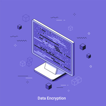 Data encryption concept illustration with secure digital document, abstract computer interface, geometric cube symbols, and cybersecurity technology metaphor in isometric vector style