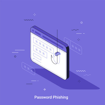 Password phishing concept illustration showing a secure browser window with masked login fields, lock symbol, and suspicious online attack elements in isometric vector style