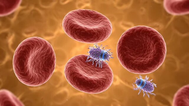 Healthy red blood cells with two clearly visible malaria parasite forms moving slowly between them